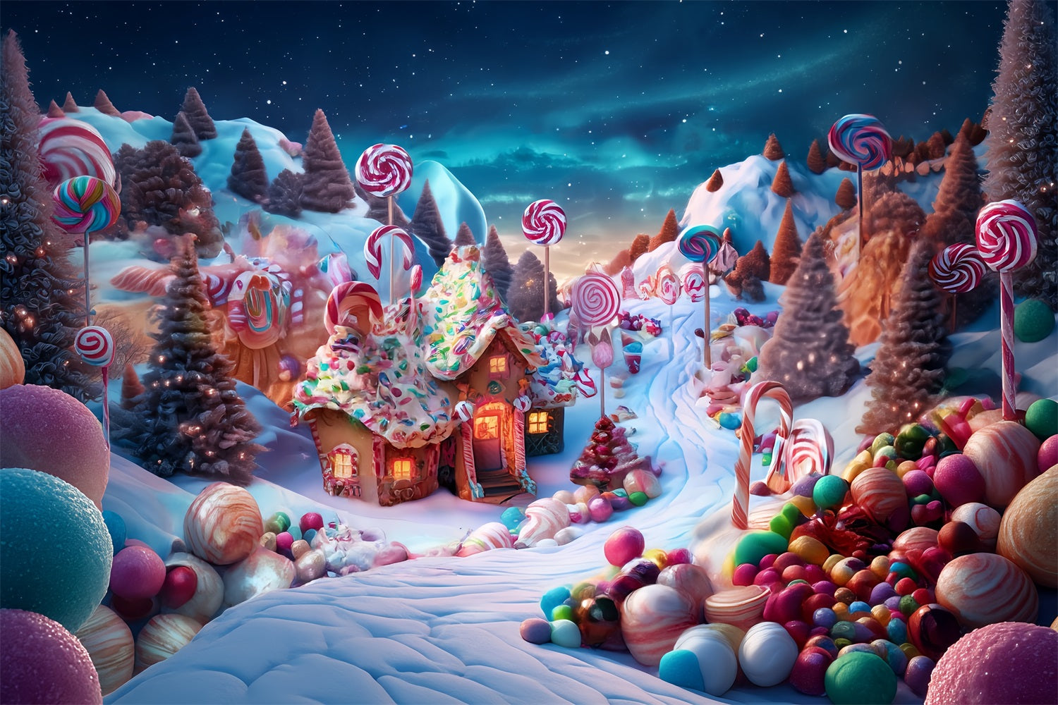 Candyland Backdrop Candy Wonderland Gingerbread Cottage Christmas Photo Backdrop UK TWW59-119