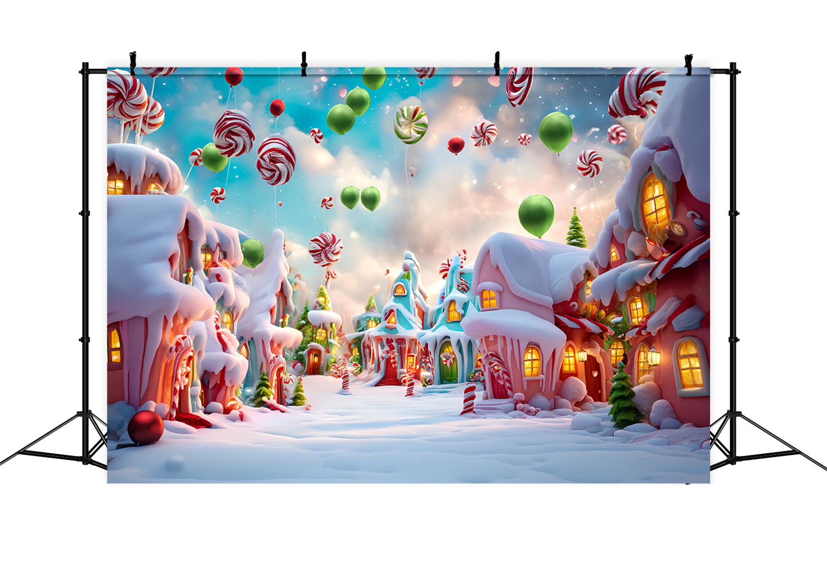 Candyland Backdrop Candy Balloon Snowy Village Christmas Photography Backdrops UK TWW59-121