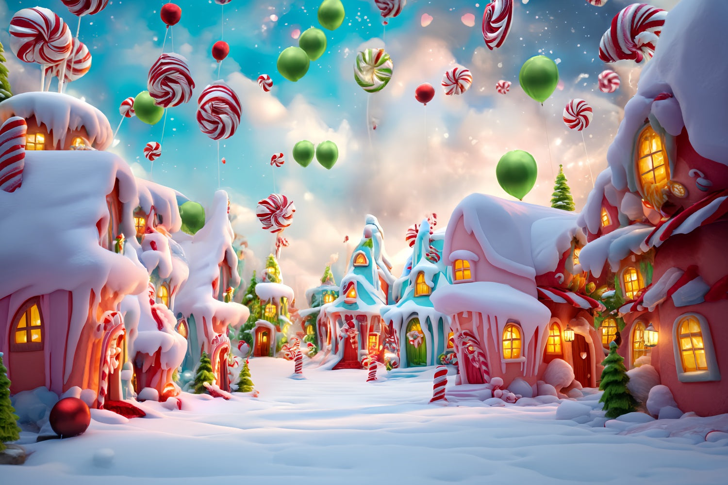 Candyland Backdrop Candy Balloon Snowy Village Christmas Photography Backdrops UK TWW59-121