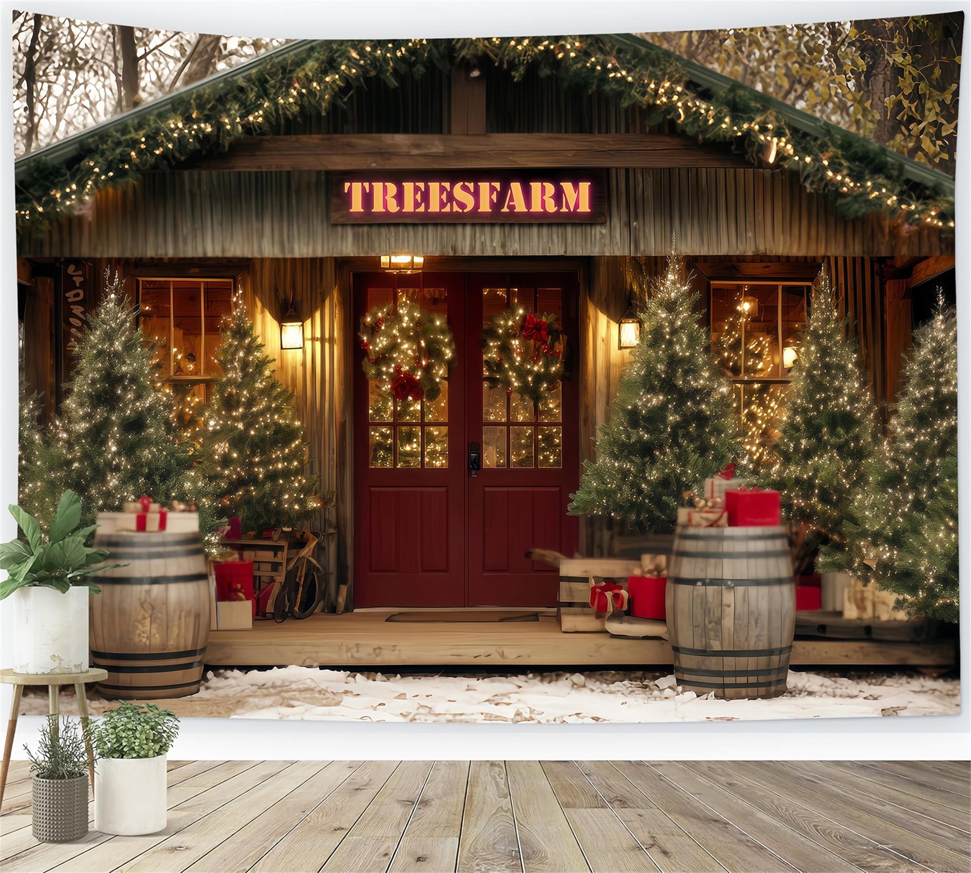 Christmas Farm Backdrop Rustic Tree Farm Entrance Christmas Photo Backdrops UK TWW59-122