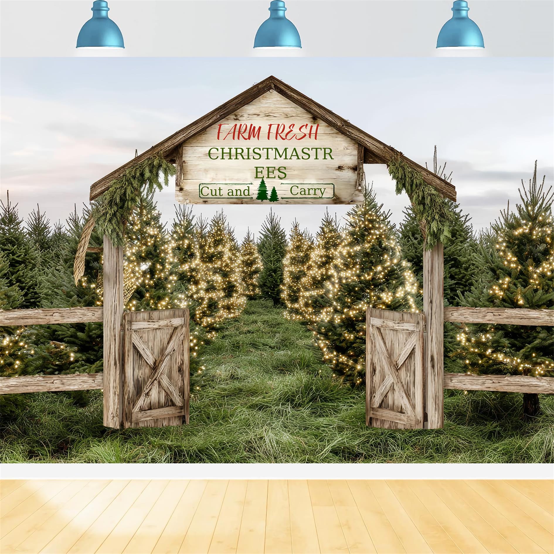 Christmas Farm Backdrop Farm Fresh Evergreen Path Professional Christmas Backdrops UK TWW59-124