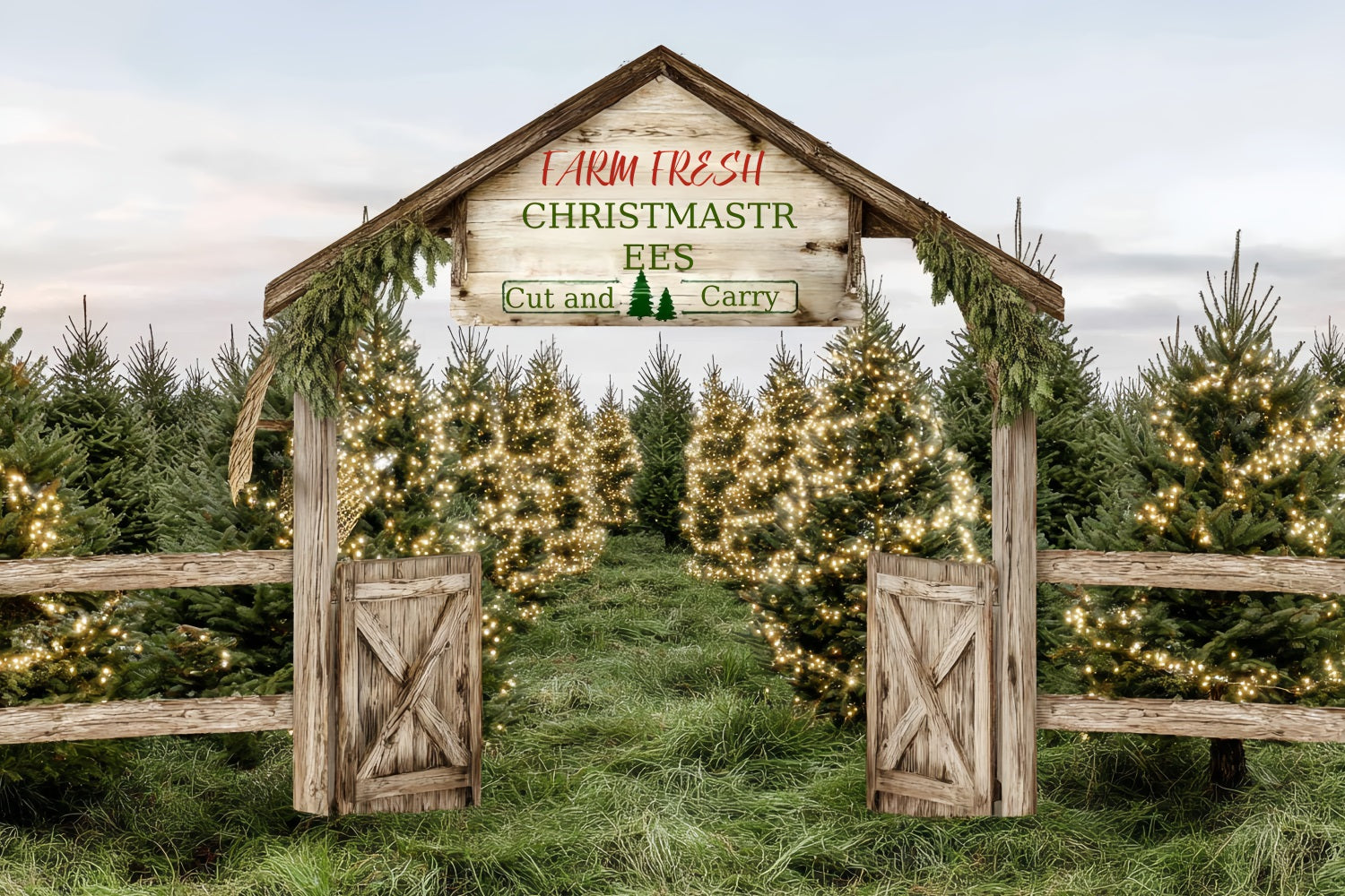 Christmas Farm Backdrop Farm Fresh Evergreen Path Professional Christmas Backdrops UK TWW59-124