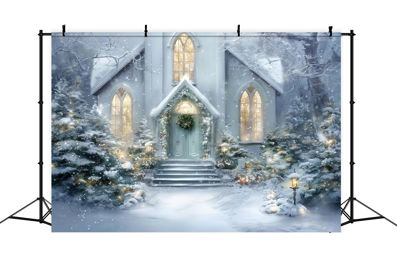 Church Backdrop Snowy Church Entrance Glow Christmas Backdrop Photography UK TWW59-125