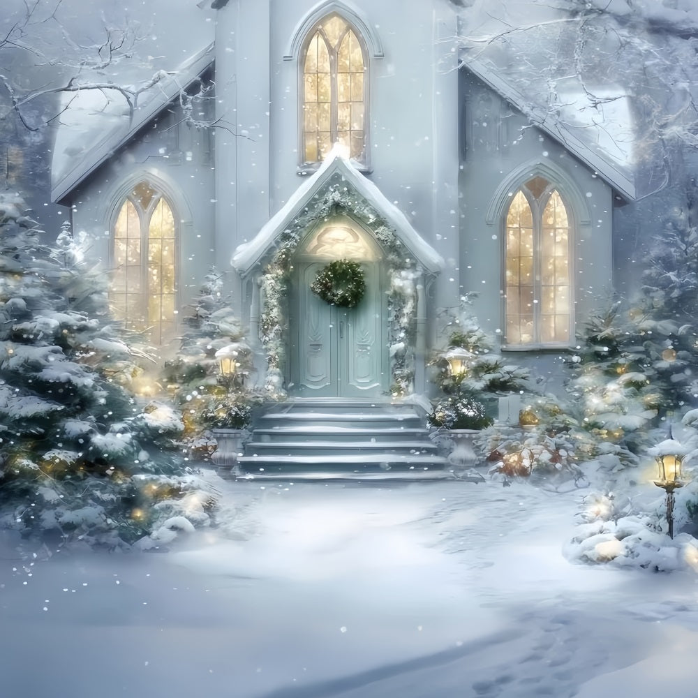 Church Backdrop Snowy Church Entrance Glow Christmas Backdrop Photography UK TWW59-125