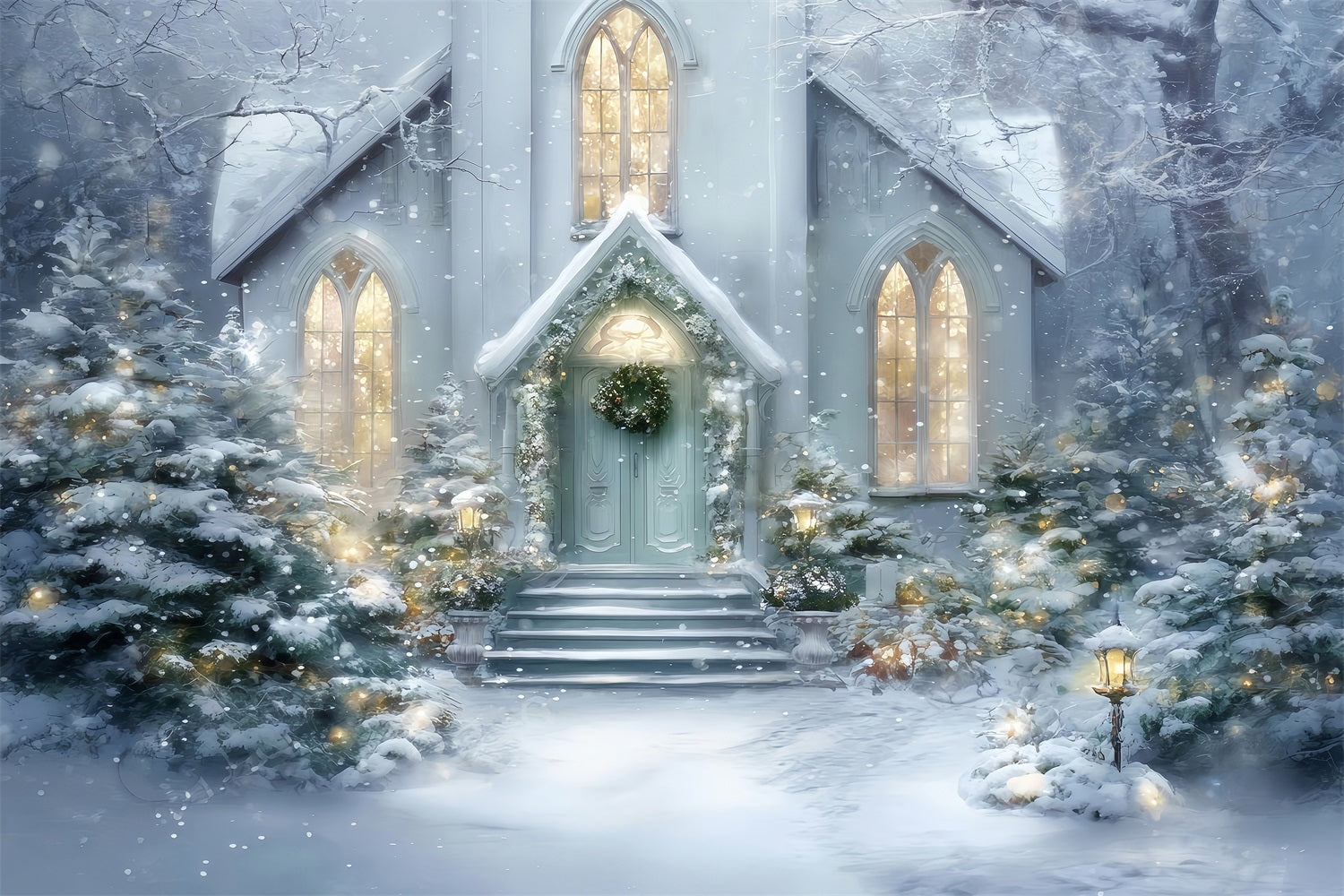 Church Backdrop Snowy Church Entrance Glow Christmas Backdrop Photography UK TWW59-125