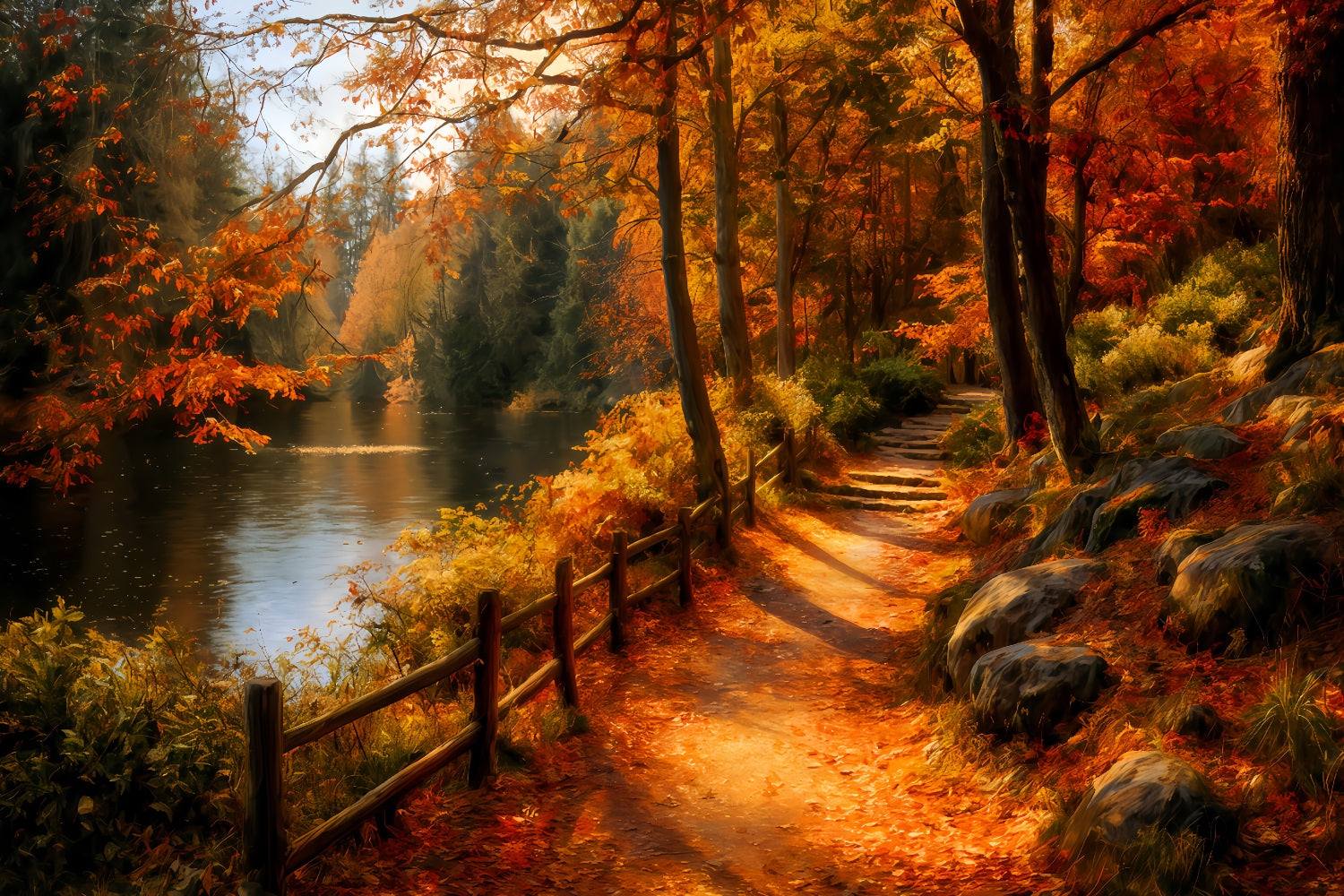 Fall Forest Backdrop Scenic Riverside Autumn Path Forest Photo Backdrop UK TWW59-139