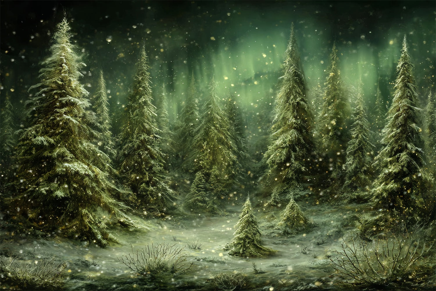 Pine Forest Backdrop Snowy Trees Northern Lights Snowy Forest Backdrop UK TWW59-143