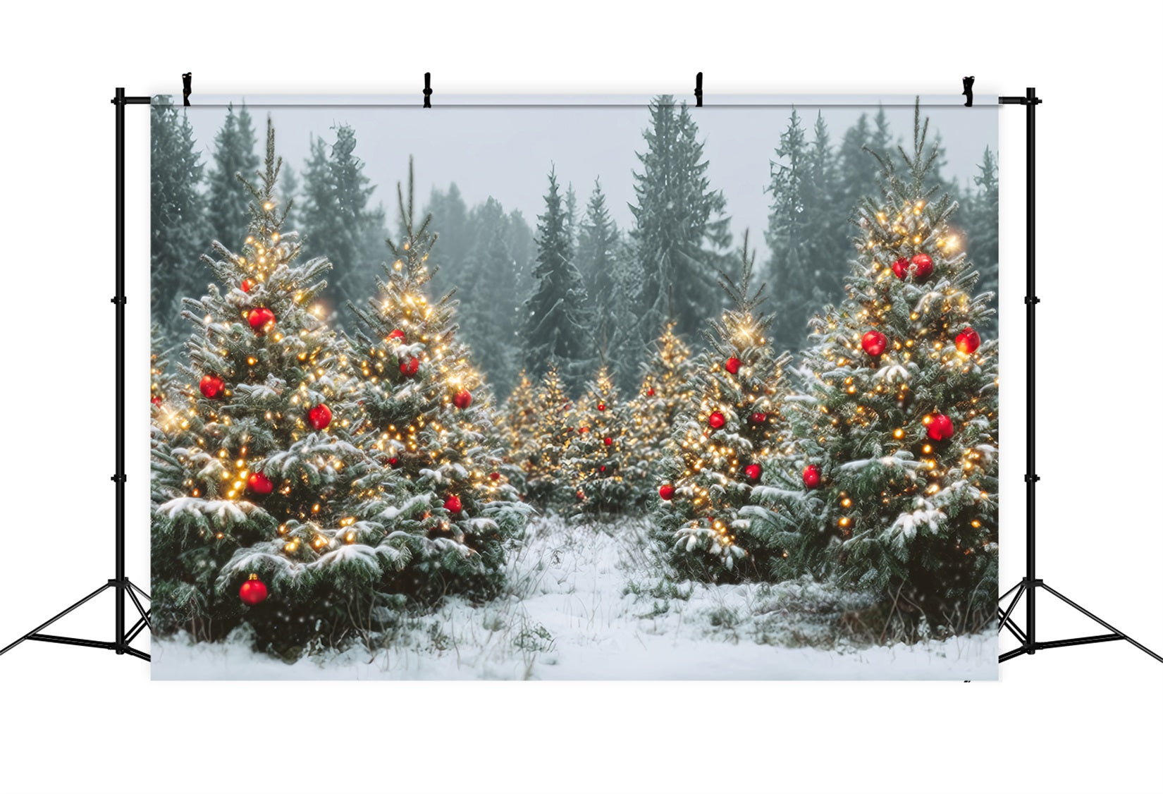 Christmas Forest Backdrop Snowy Trees Golden Ornaments Pine Forest Backdrop UK TWW59-147