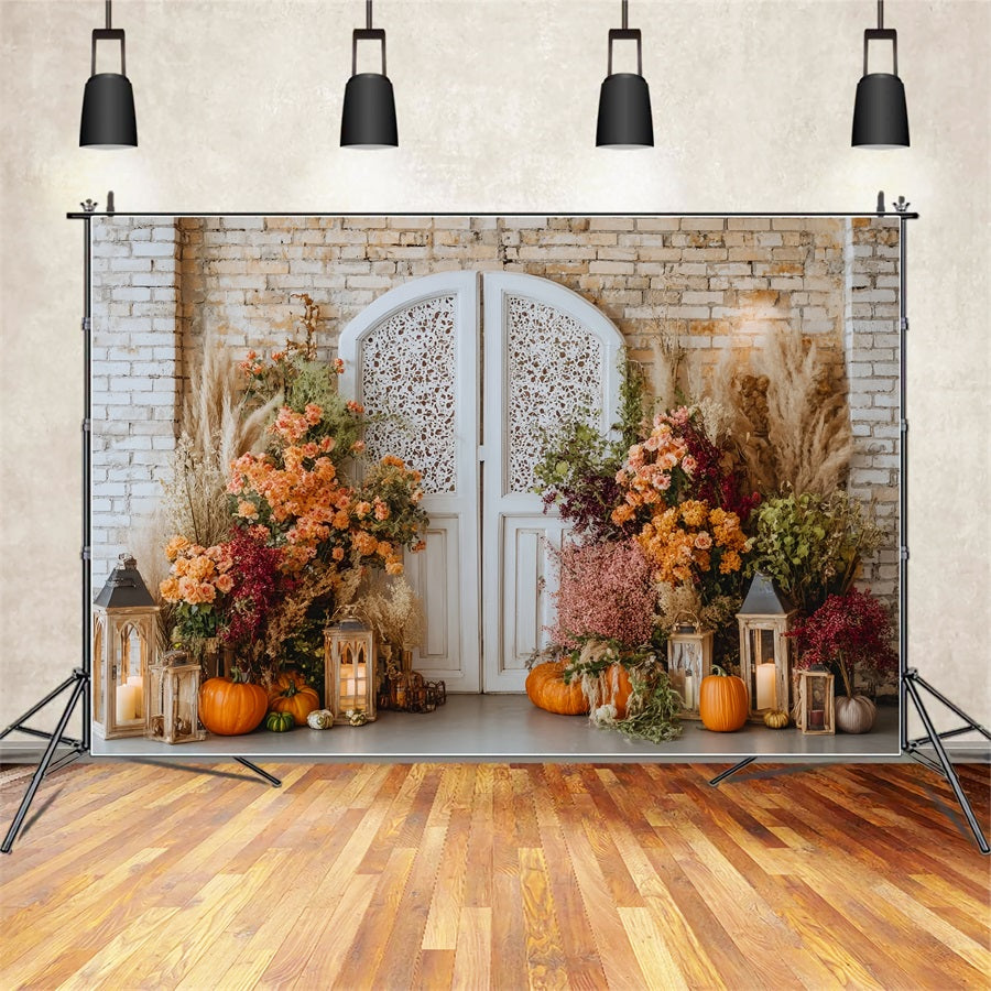 Brick Photo Backdrop Floral Pumpkins Vintage Doorway Brick Wall Backdrop UK TWW59-163