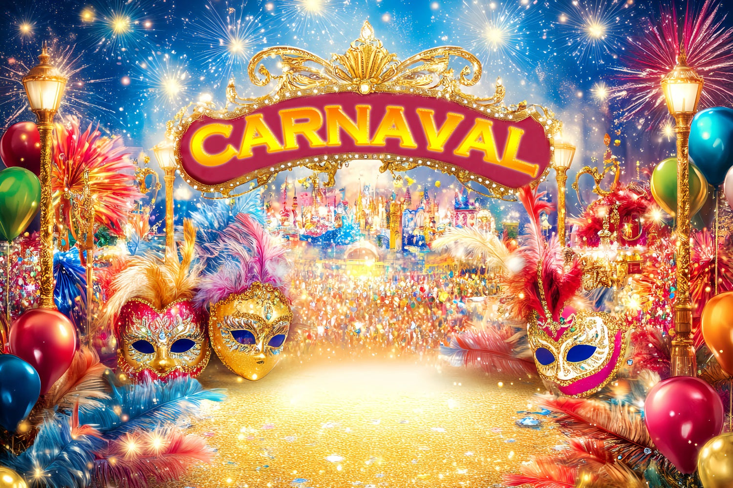 Mask Carnival Backdrop Golden Masks Fireworks Carnival Backdrop UK TWW59-17
