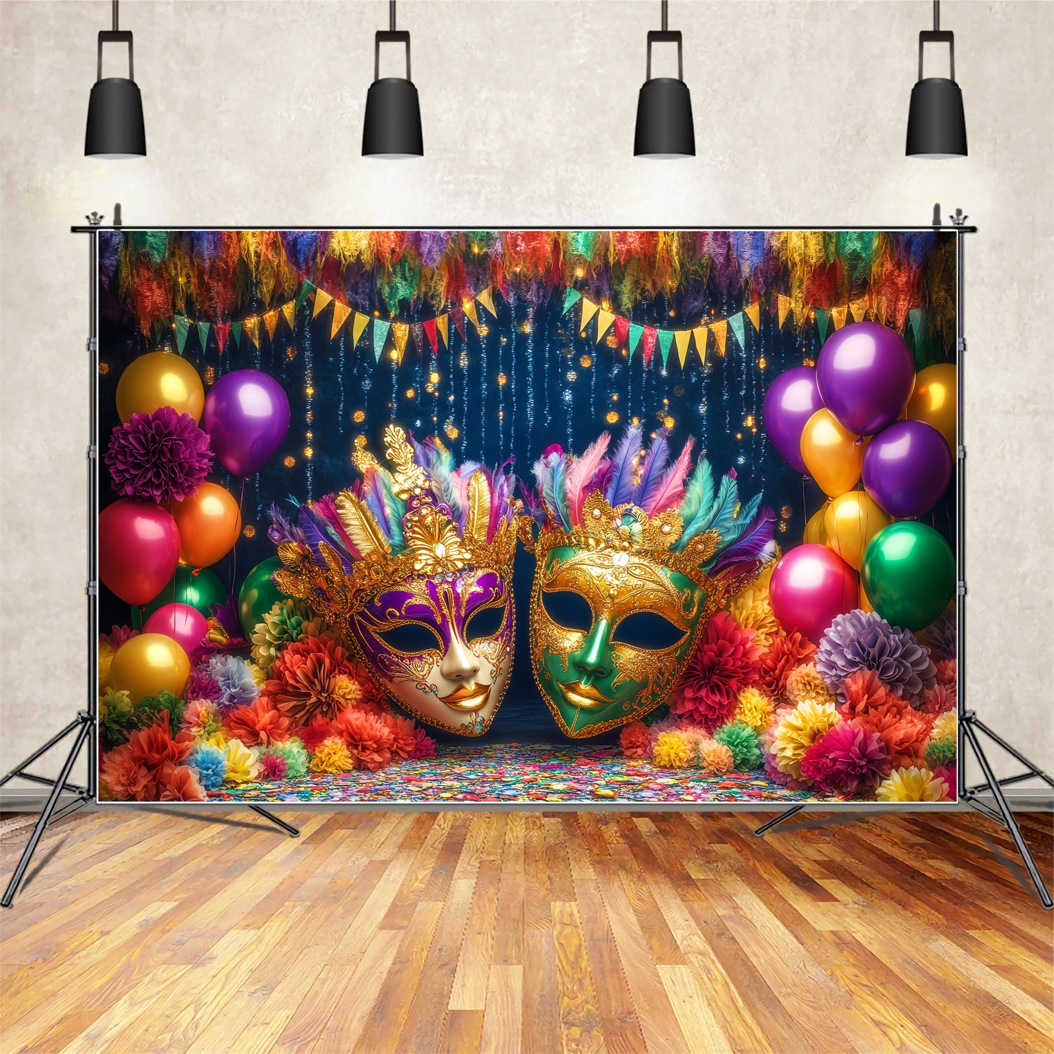 Mask Carnival Backdrop Colorful Balloons Feathered Masquerade Carnival Backdrop UK TWW59-19