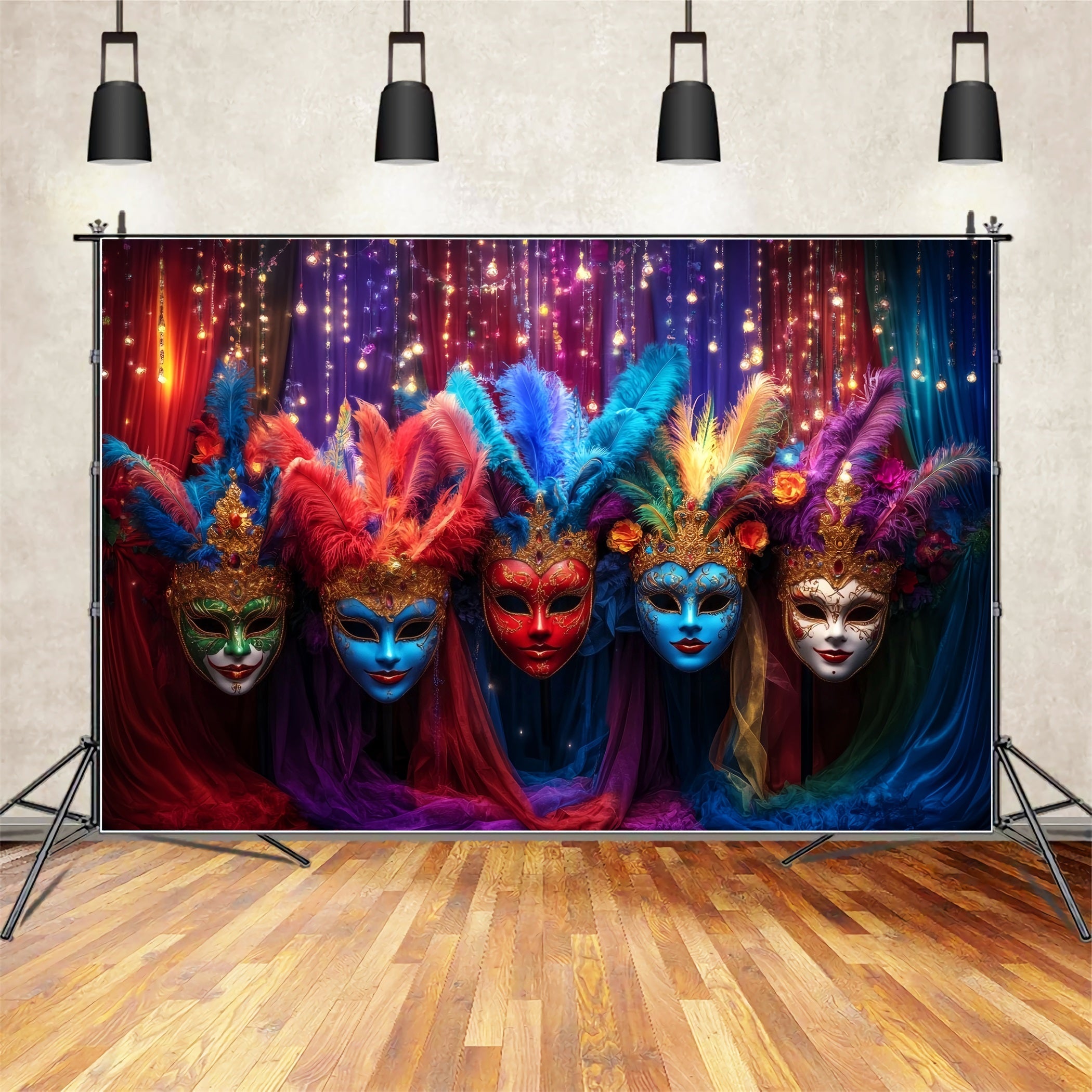 Mask Carnival Backdrop Colorful Feathered Masquerade Carnival Backdrop Ideas UK TWW59-27