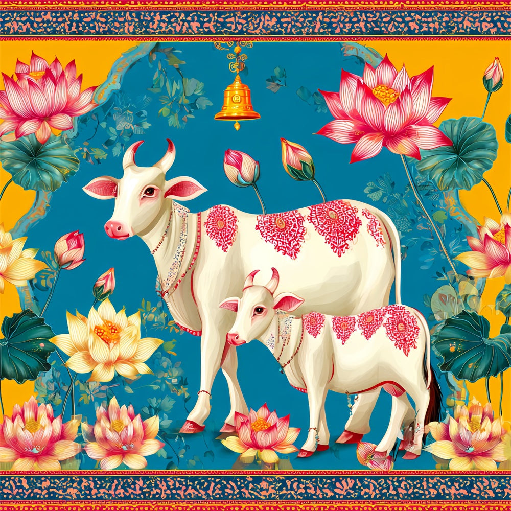 Wedding Indian Backdrop Lotus Cows Colorful Illustration Wedding Backdrops UK TWW59-40