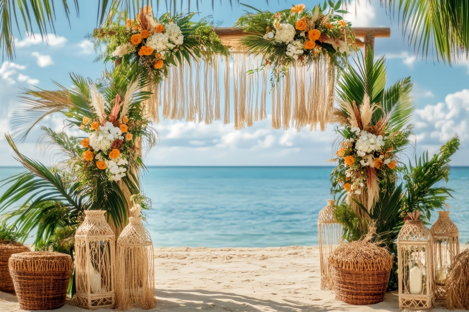Wedding Beach Backdrop Tropical Beach Floral Arch Boho Wedding Backdrop UK TWW59-47