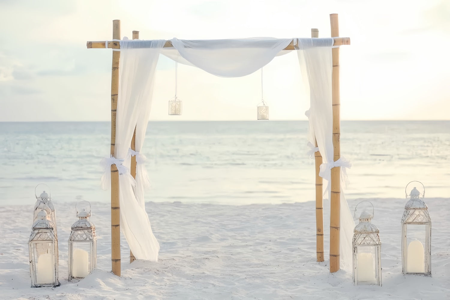 Wedding Beach Backdrop Minimal Bamboo White Drapes Wedding Backdrop Design UK TWW59-49