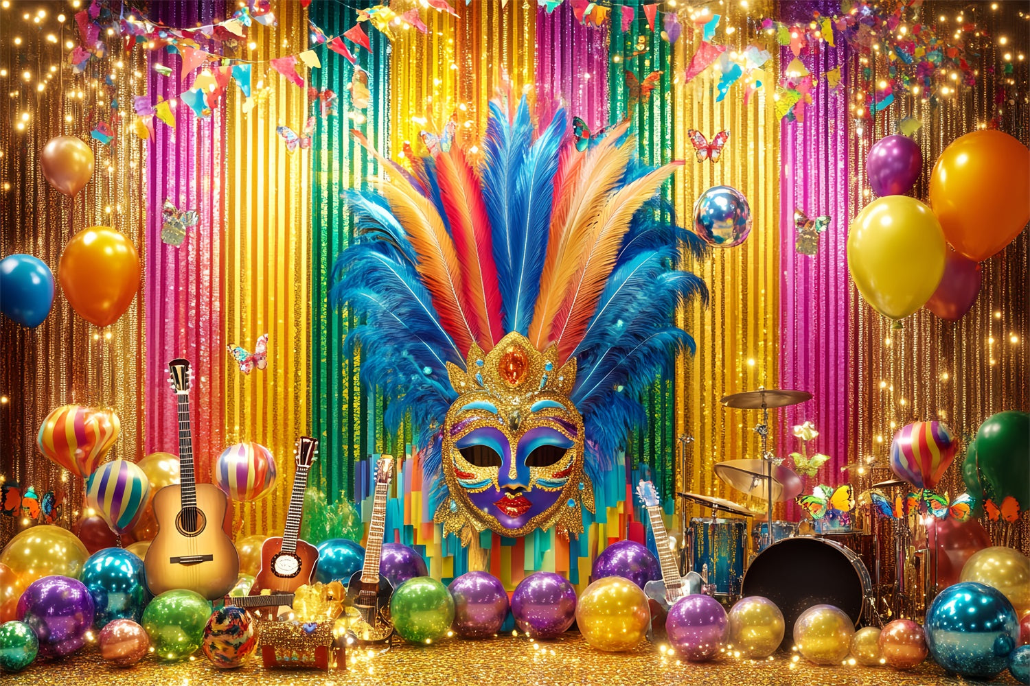 Mask Carnival Backdrop Colorful Feather Mask Party Stage Carnival Backdrops UK TWW59-6