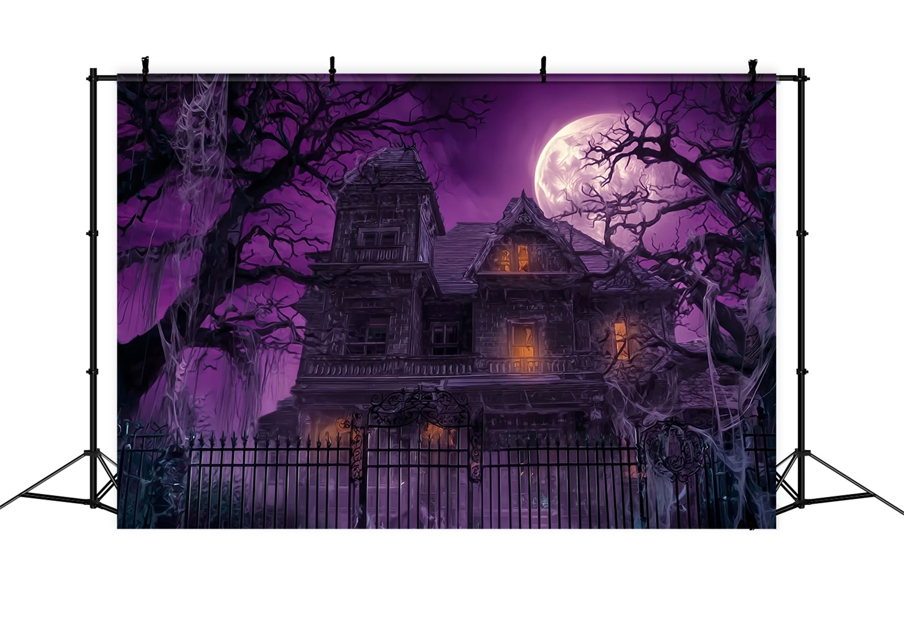 Halloween Haunted Mansion Backdrop Purple Sky Full Moon Scary Halloween Backdrops UK TWW59-63
