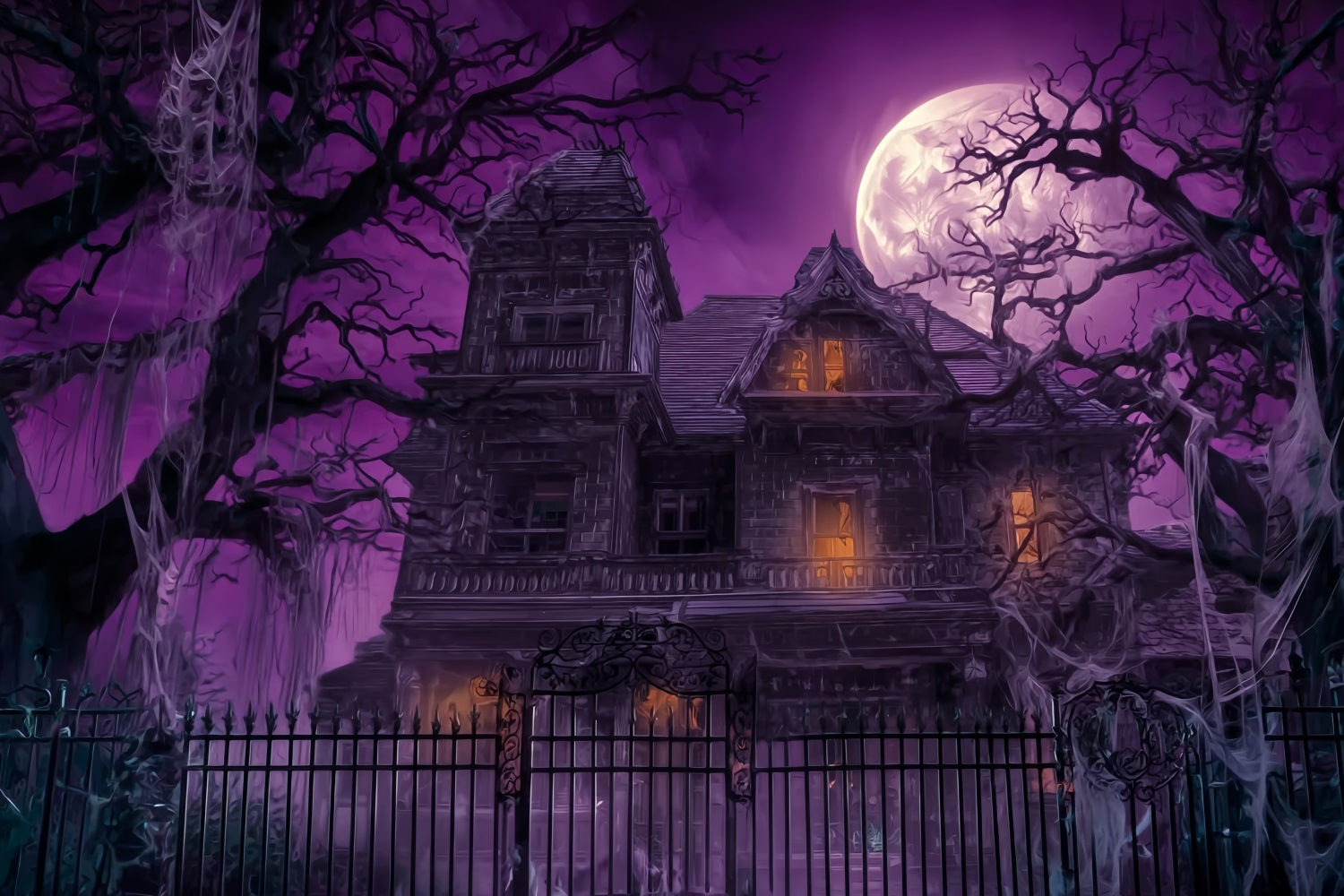 Halloween Haunted Mansion Backdrop Purple Sky Full Moon Scary Halloween Backdrops UK TWW59-63
