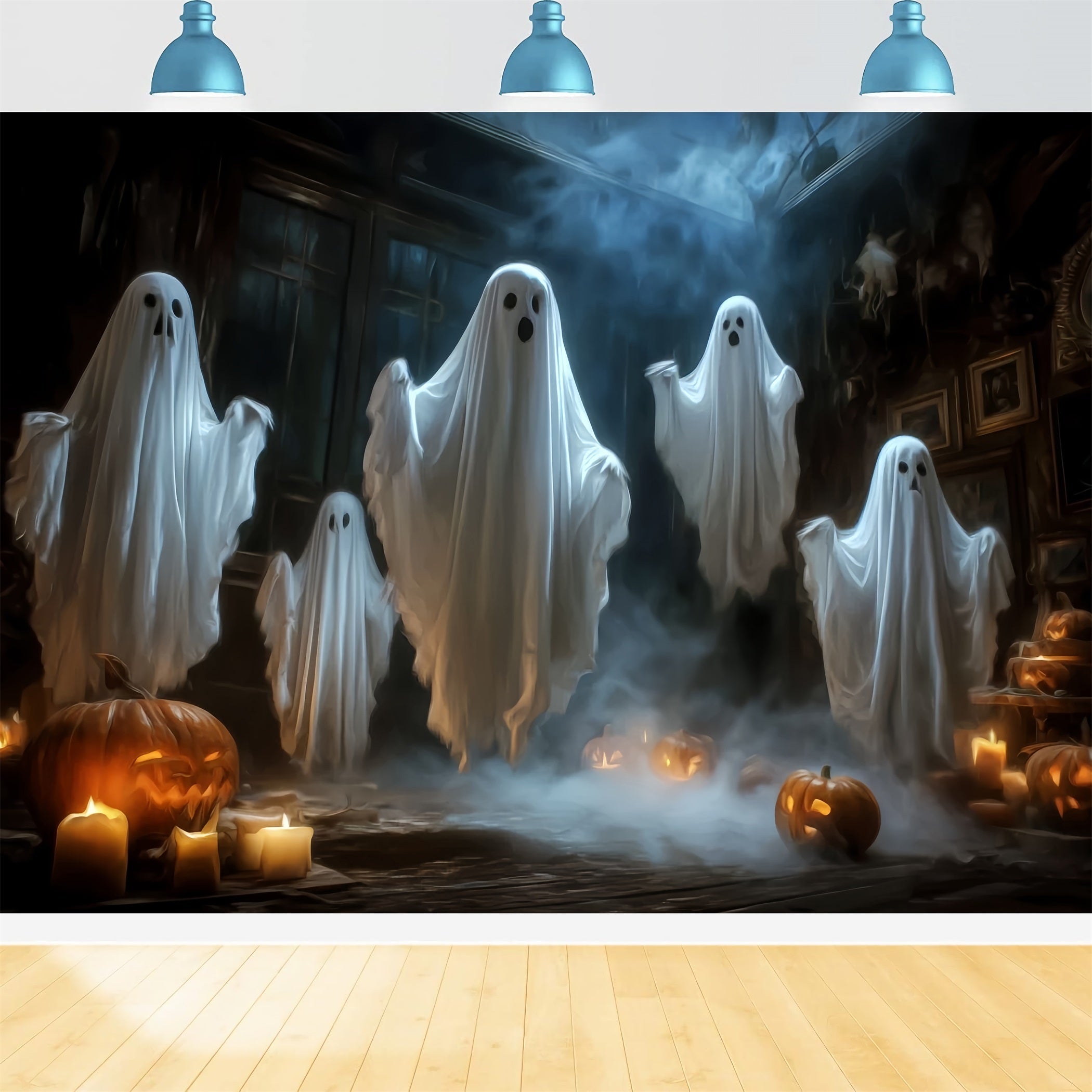 Halloween Ghost Backdrop Floating Ghosts Candle Pumpkins Spooky Halloween Backdrop UK TWW59-65