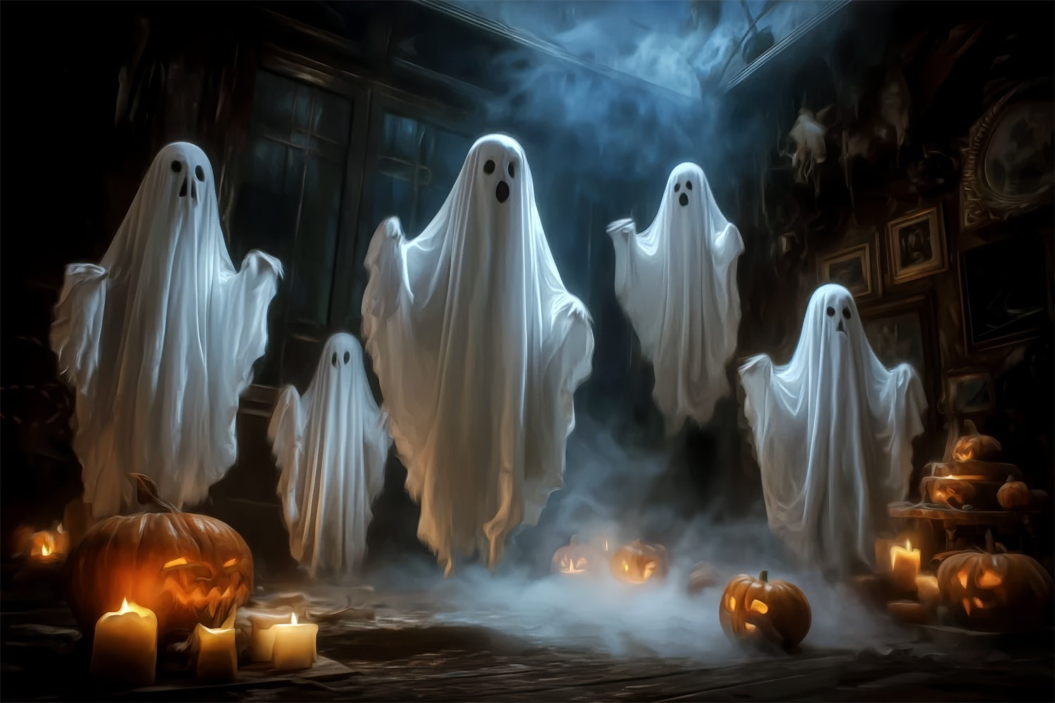 Halloween Ghost Backdrop Floating Ghosts Candle Pumpkins Spooky Halloween Backdrop UK TWW59-65