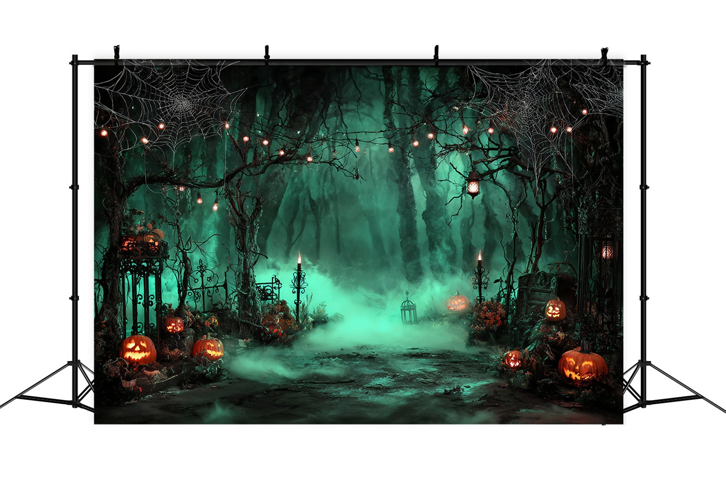 Halloween Color Backdrop Foggy Graveyard Pumpkin Lanterns Halloween Photo Backdrops UK TWW59-69