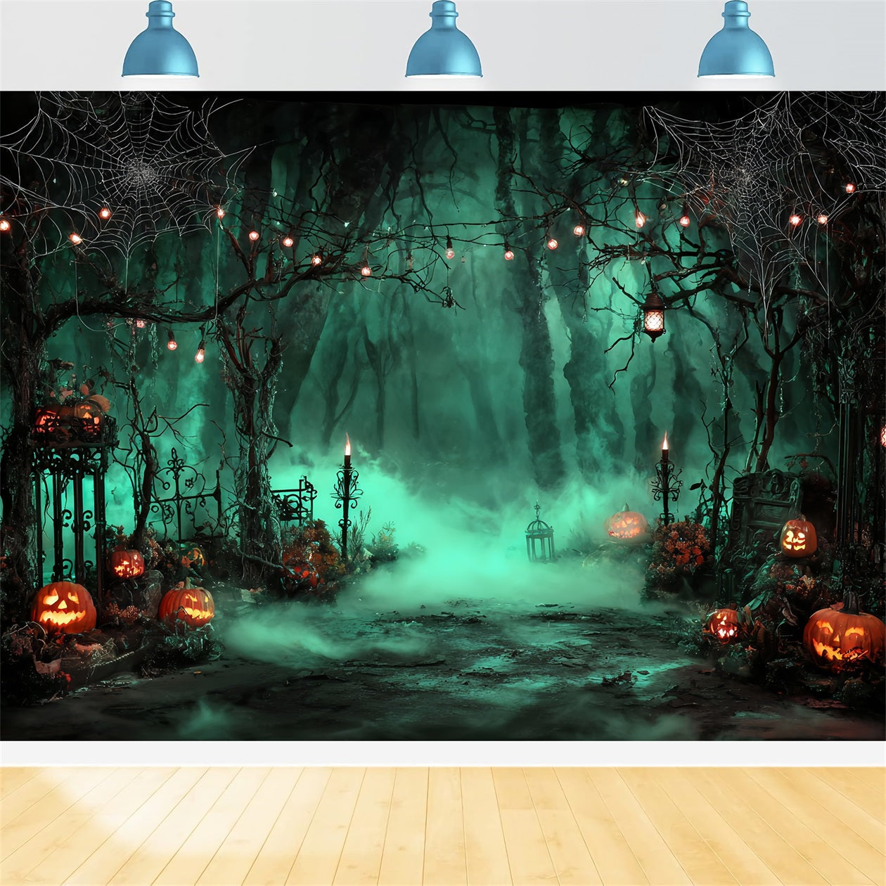 Halloween Color Backdrop Foggy Graveyard Pumpkin Lanterns Halloween Photo Backdrops UK TWW59-69