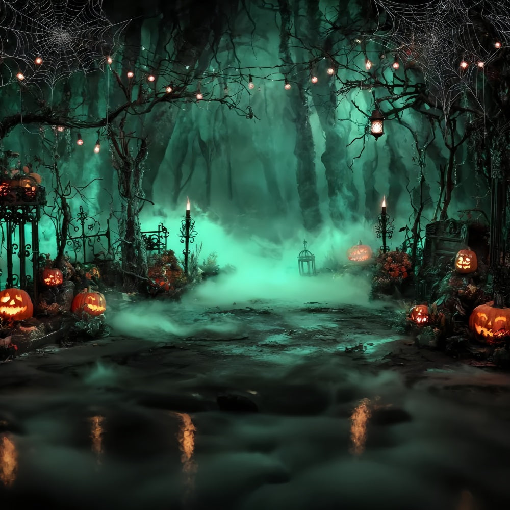 Halloween Color Backdrop Foggy Graveyard Pumpkin Lanterns Halloween Photo Backdrops UK TWW59-69