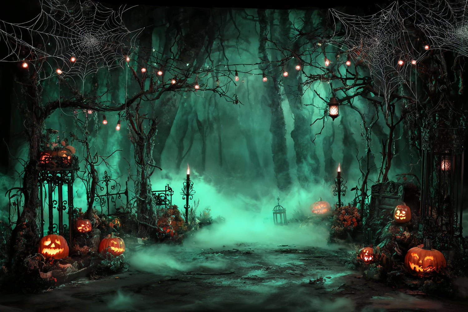 Halloween Color Backdrop Foggy Graveyard Pumpkin Lanterns Halloween Photo Backdrops UK TWW59-69