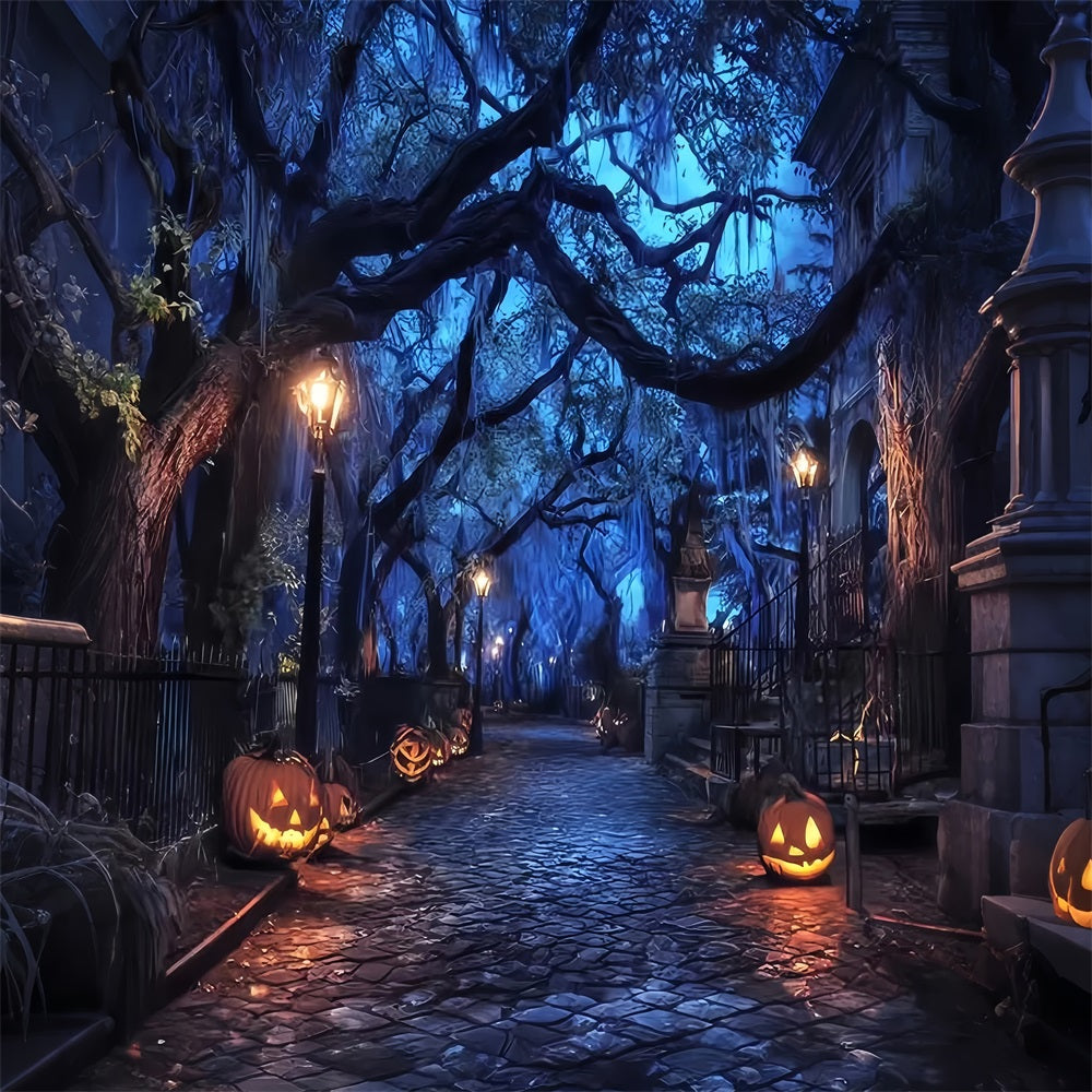 Halloween Haunted Forest Backdrop Spooky Pumpkin Lantern Street Halloween Backdrops UK TWW59-70