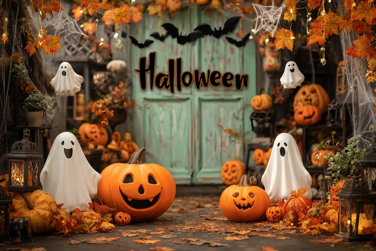 Halloween Ghost Backdrop Smiling Pumpkins Autumn Ghosts Halloween Photography Backdrop UK TWW59-72