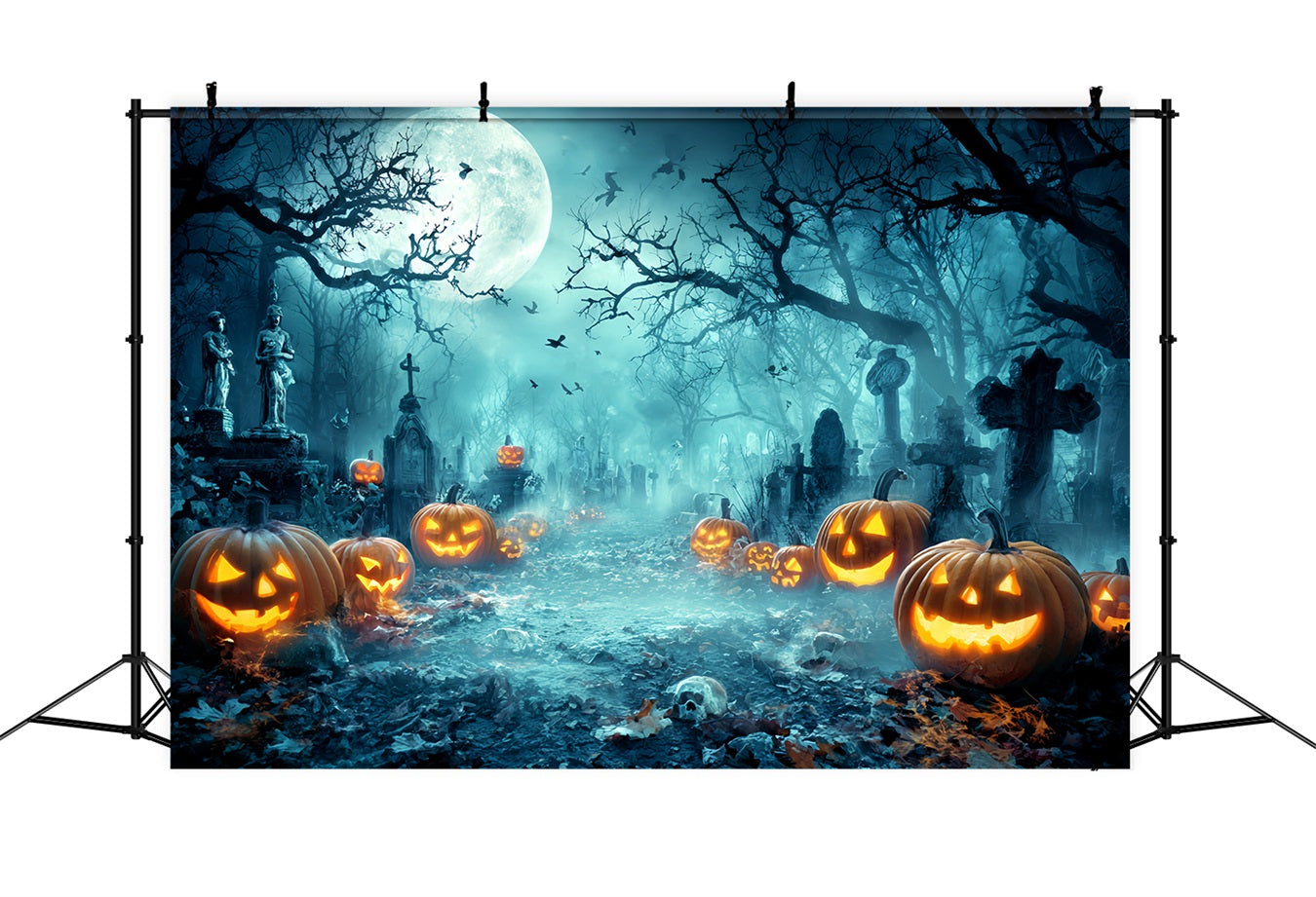 Halloween Graveyard Backdrop Creepy Graveyard Pumpkin Lanterns Halloween Photo Backdrop UK TWW59-73