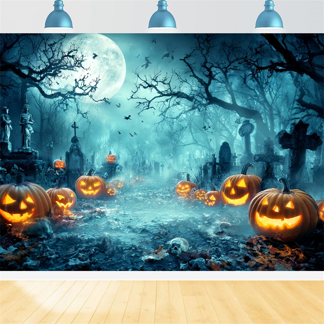 Halloween Graveyard Backdrop Creepy Graveyard Pumpkin Lanterns Halloween Photo Backdrop UK TWW59-73
