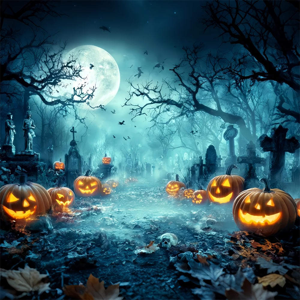 Halloween Graveyard Backdrop Creepy Graveyard Pumpkin Lanterns Halloween Photo Backdrop UK TWW59-73