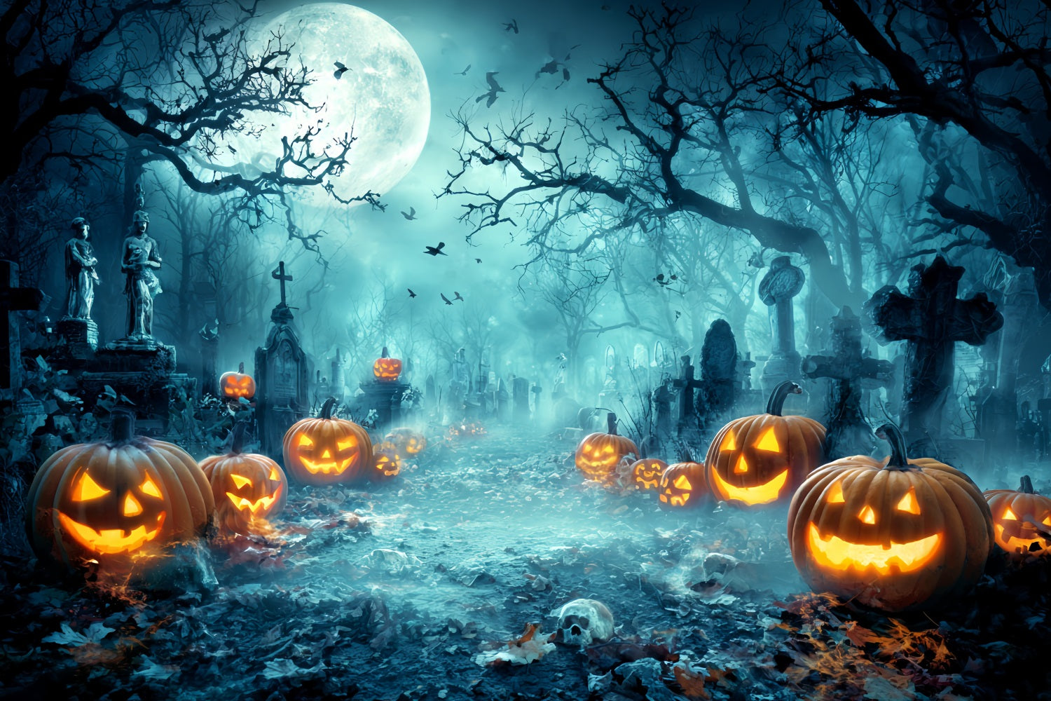 Halloween Graveyard Backdrop Creepy Graveyard Pumpkin Lanterns Halloween Photo Backdrop UK TWW59-73