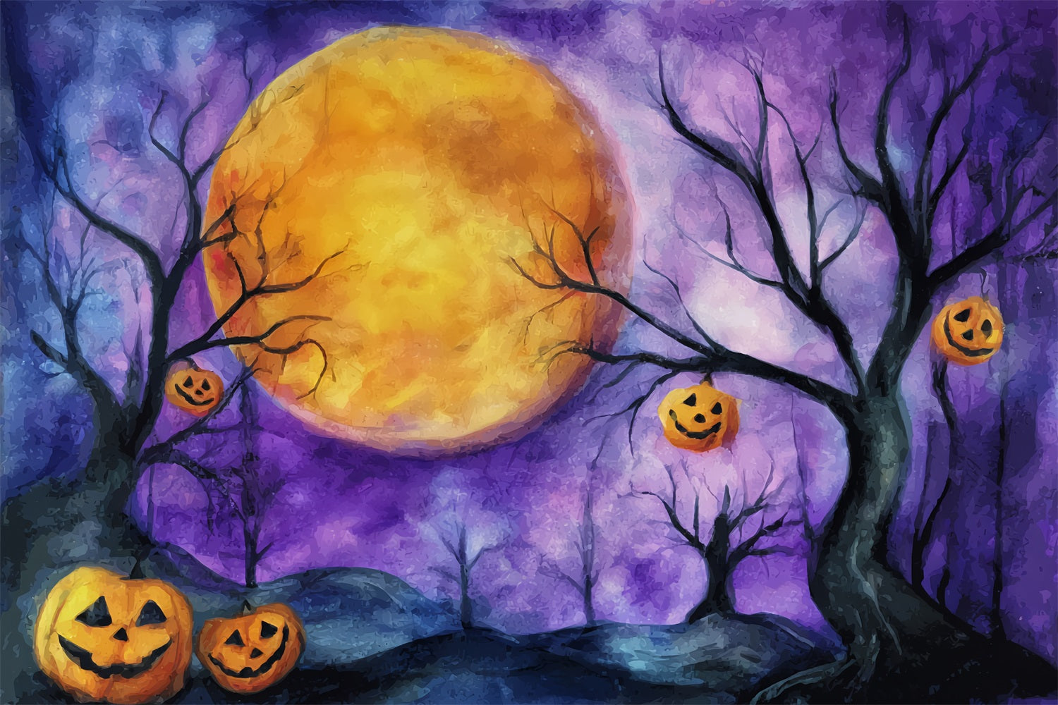 Halloween Moon Backdrop Pumpkin Moonlit Purple Sky Halloween Backdrops UK TWW59-74