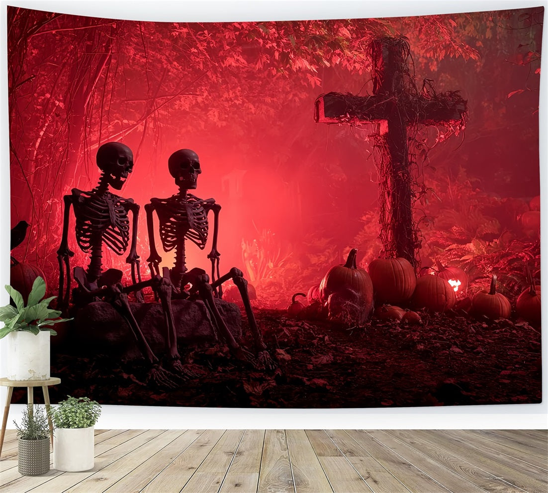 Halloween Scary Backdrop Skeleton Graveyard Red Glow Spooky Halloween Backdrop UK TWW59-75