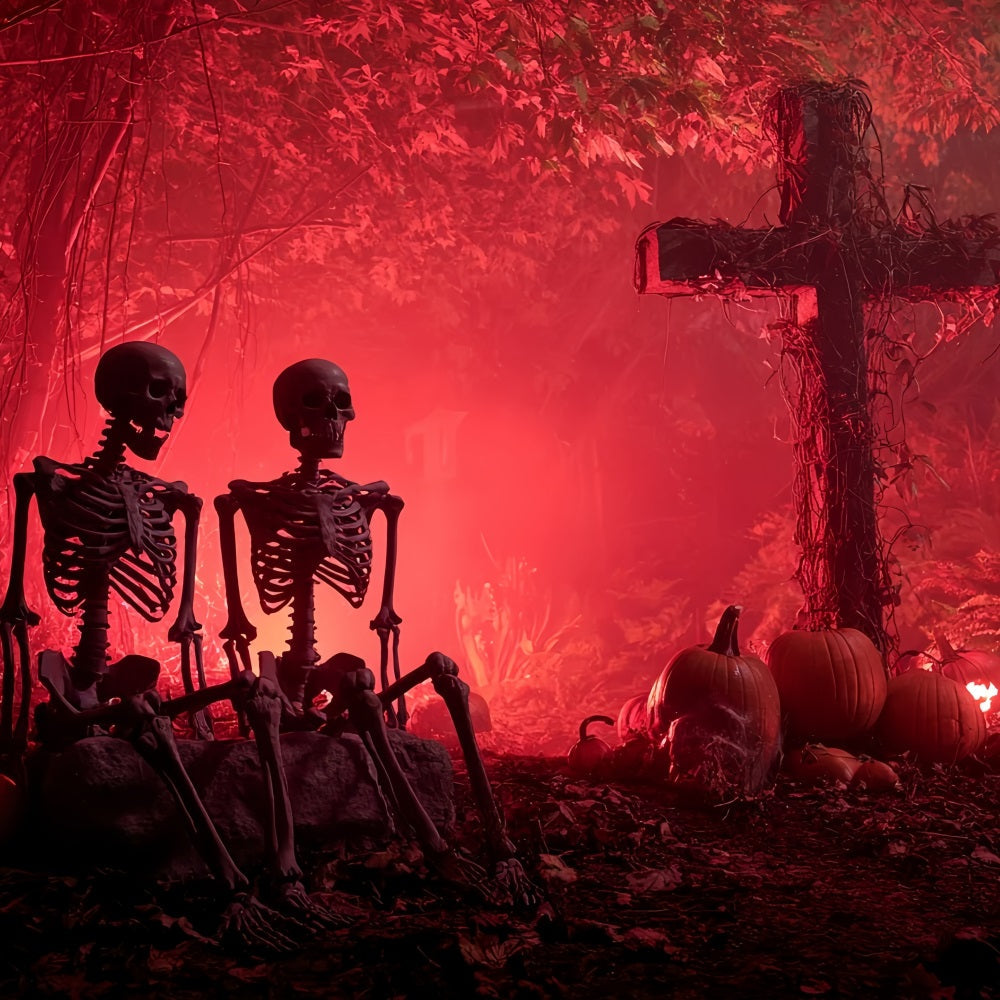 Halloween Scary Backdrop Skeleton Graveyard Red Glow Spooky Halloween Backdrop UK TWW59-75