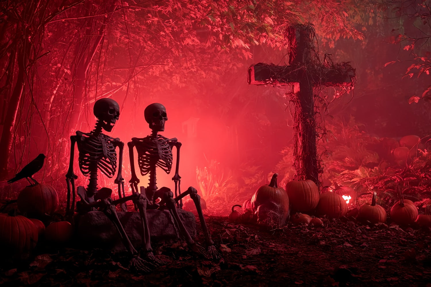Halloween Scary Backdrop Skeleton Graveyard Red Glow Spooky Halloween Backdrop UK TWW59-75