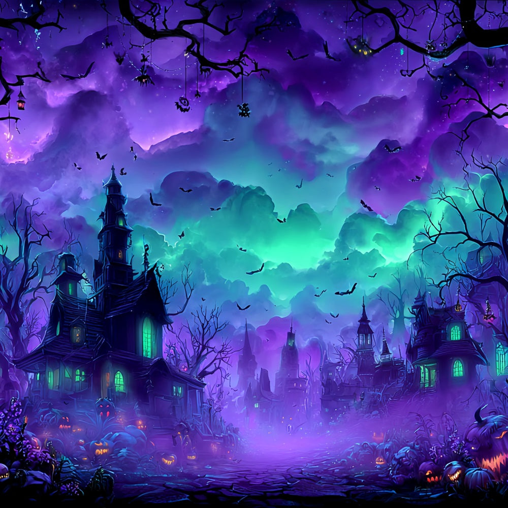 Halloween Color Backdrop Haunted Village Misty Night Halloween Photo Backdrop UK TWW59-77