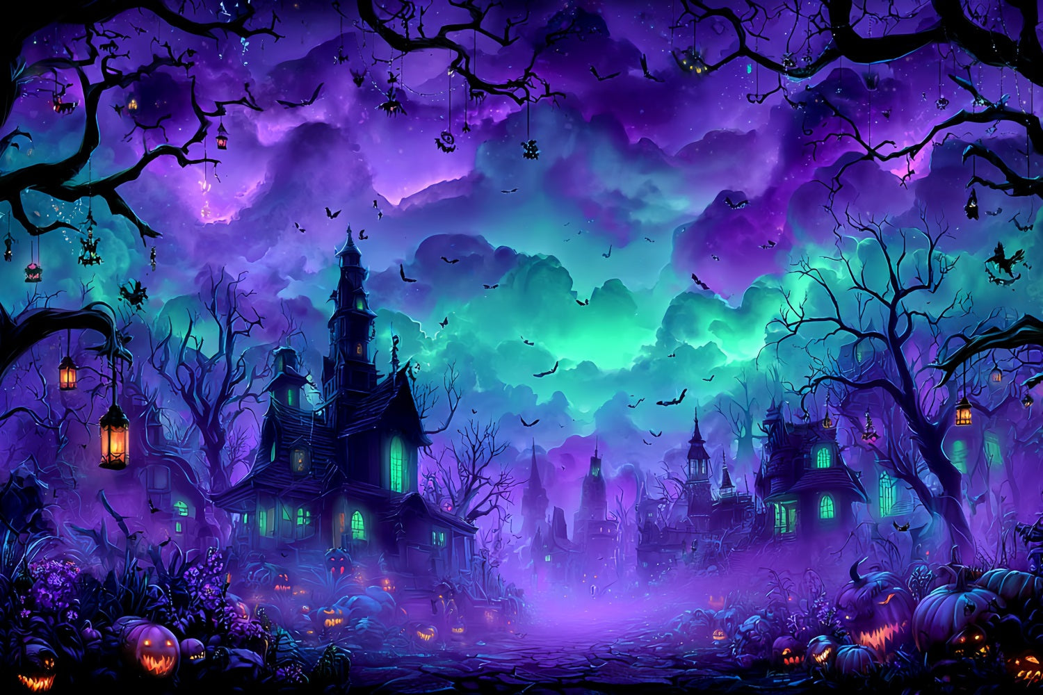 Halloween Color Backdrop Haunted Village Misty Night Halloween Photo Backdrop UK TWW59-77