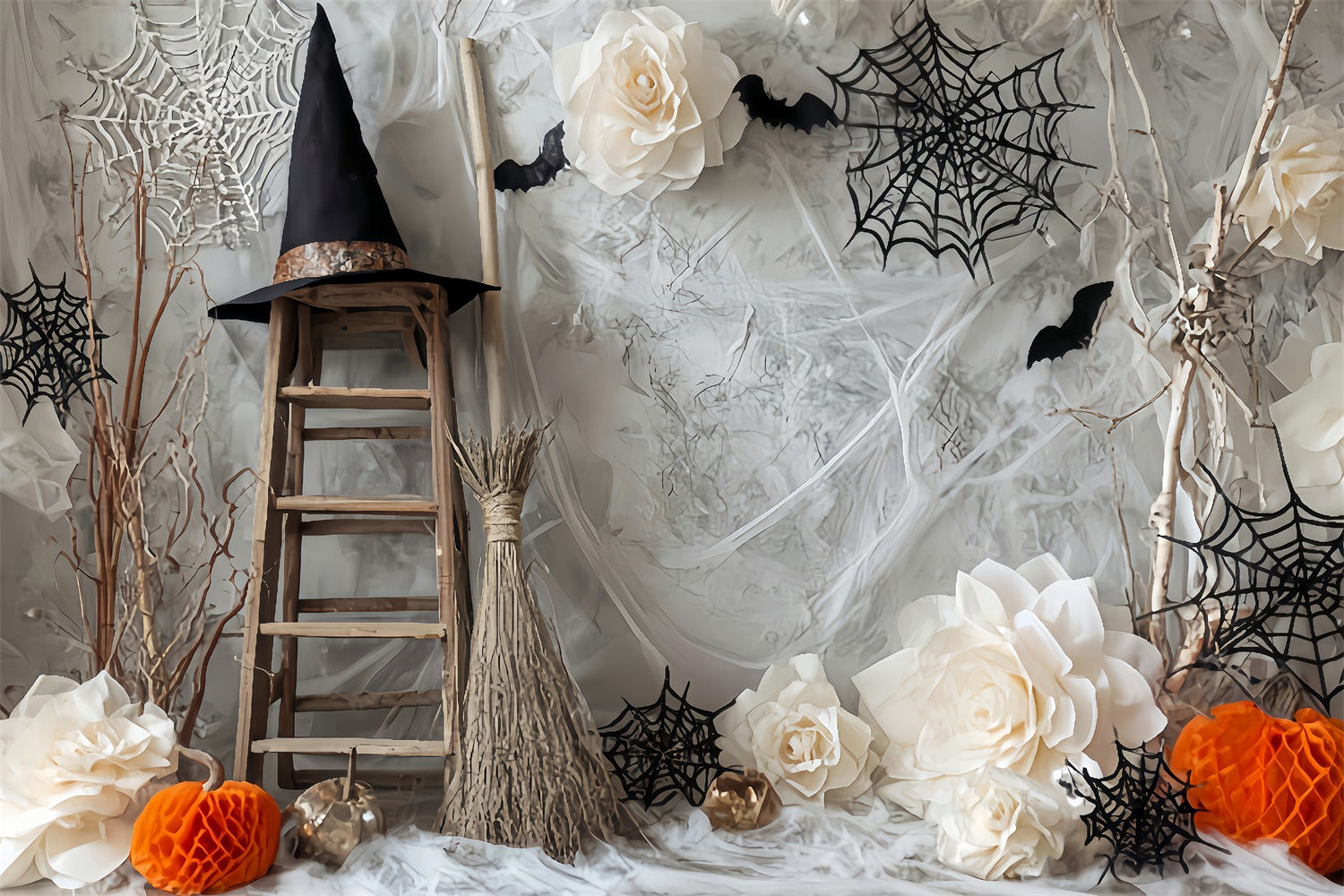 Halloween Spider Backdrop Witch Ladder Bats Flower Halloween Photography Backdrop UK TWW59-78