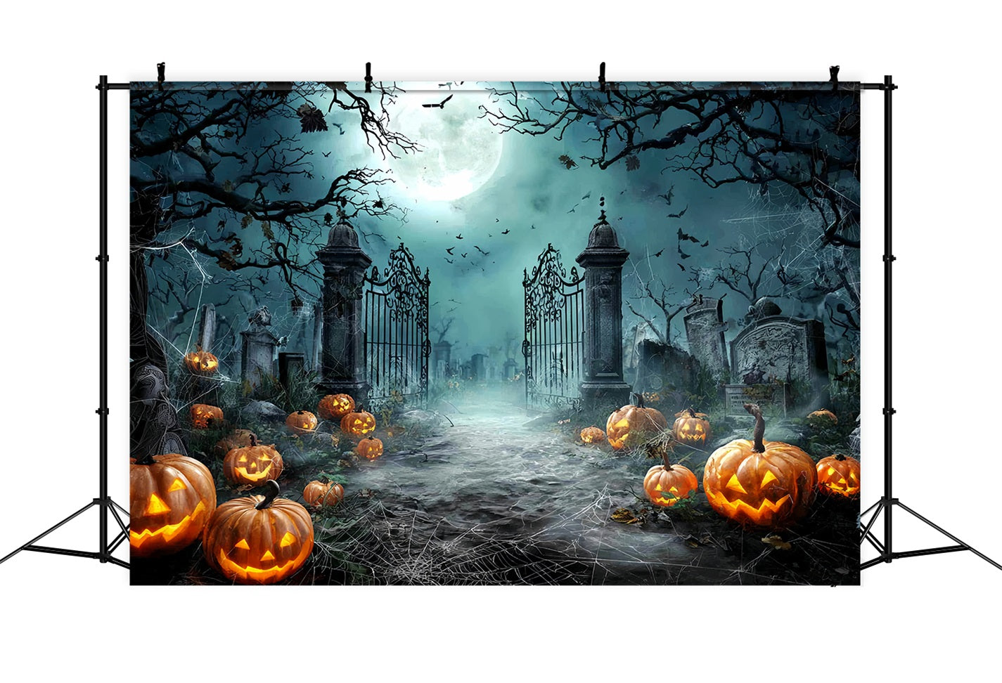 Halloween Graveyard Backdrop Moonlit Graveyard Pumpkins Halloween Photo Backdrops UK TWW59-81