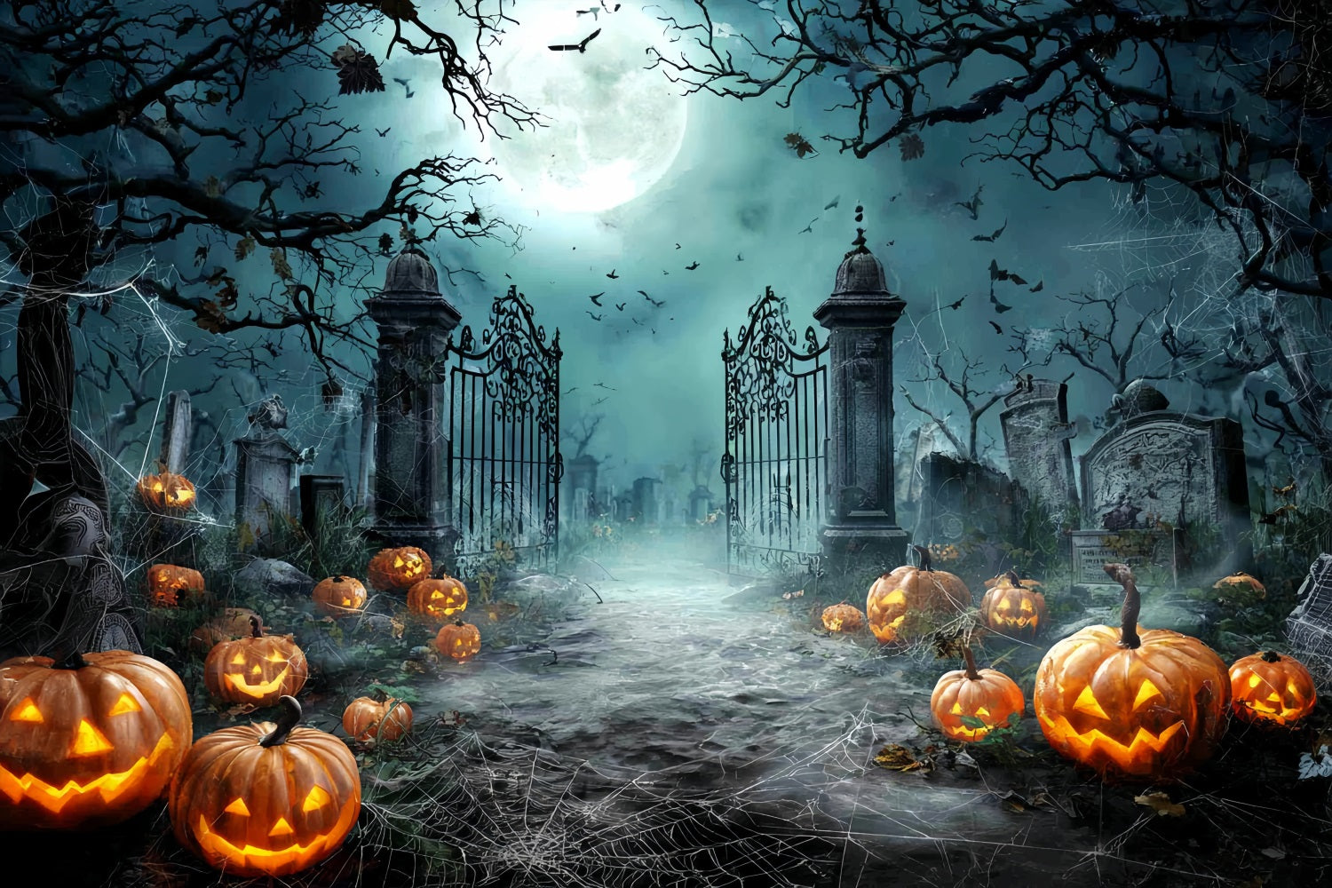 Halloween Graveyard Backdrop Moonlit Graveyard Pumpkins Halloween Photo Backdrops UK TWW59-81