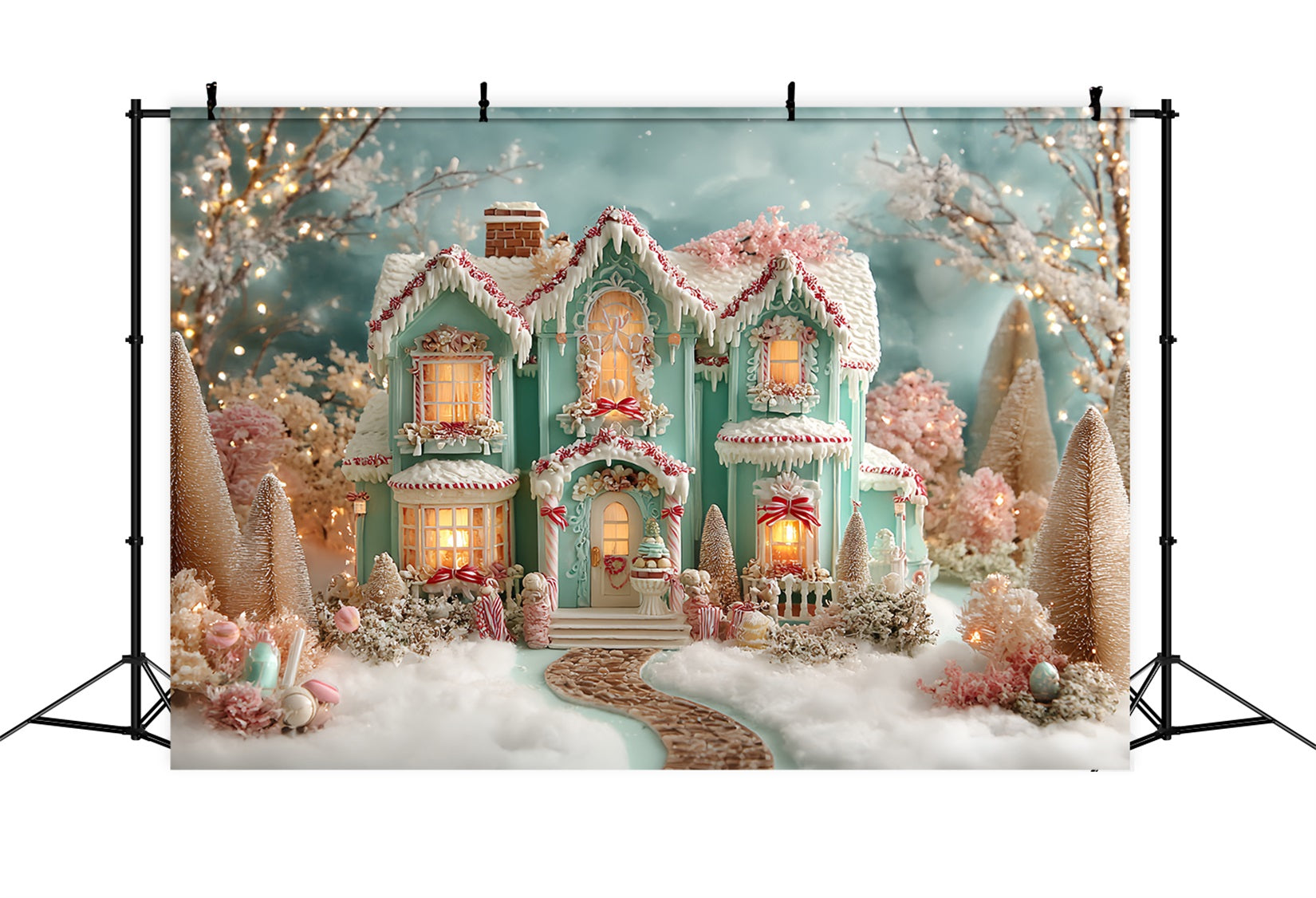 Gingerbread House Backdrop Frosted Pastel Gingerbread Mansion Christmas Photo Backdrop UK TWW59-93
