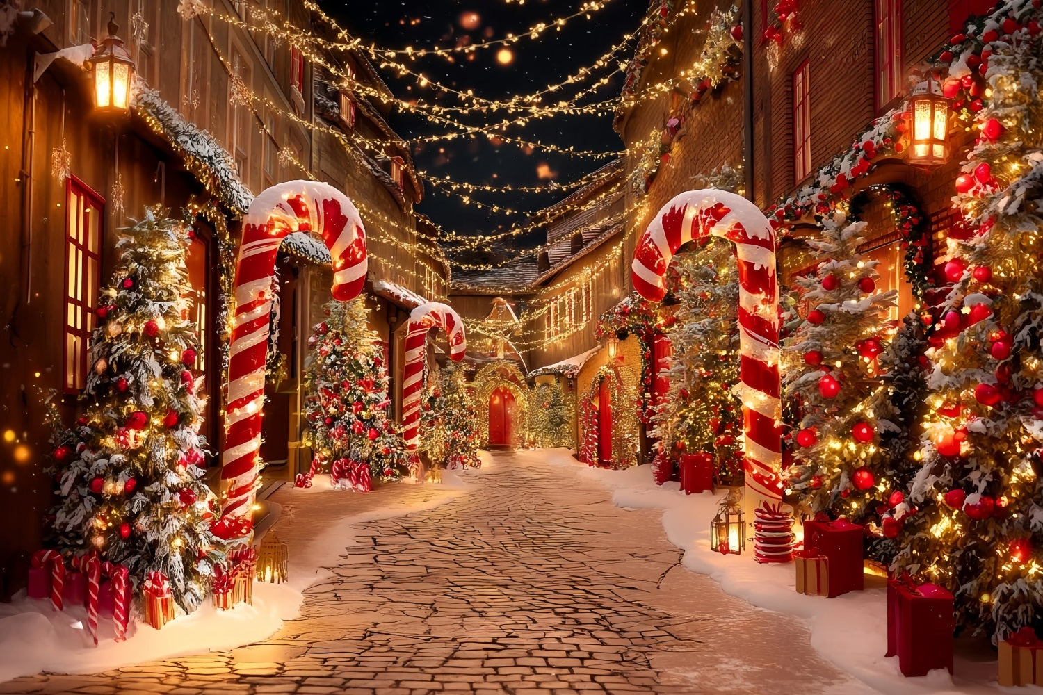 Christmas Village Backdrop Candy Cane Street Christmas Photography Backdrops UK TWW59-95