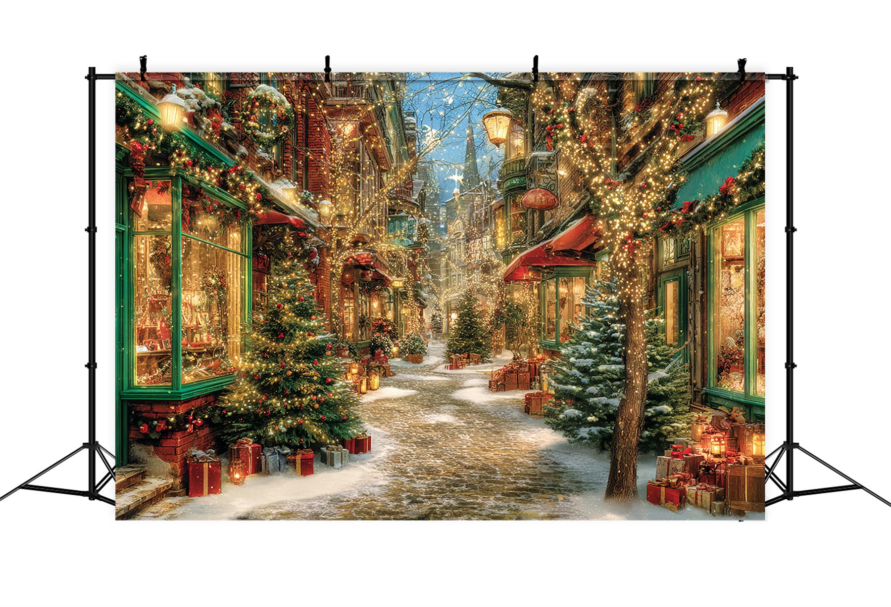 Christmas Village Backdrop Sparkling Street Lights Christmas Backdrops for Photos UK TWW59-97