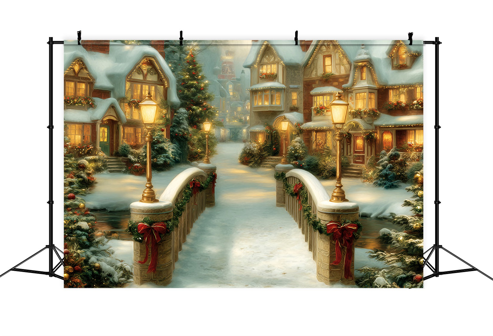 Christmas Village Backdrop Golden Bridge Holiday Houses Christmas Backdrop UK TWW59-99