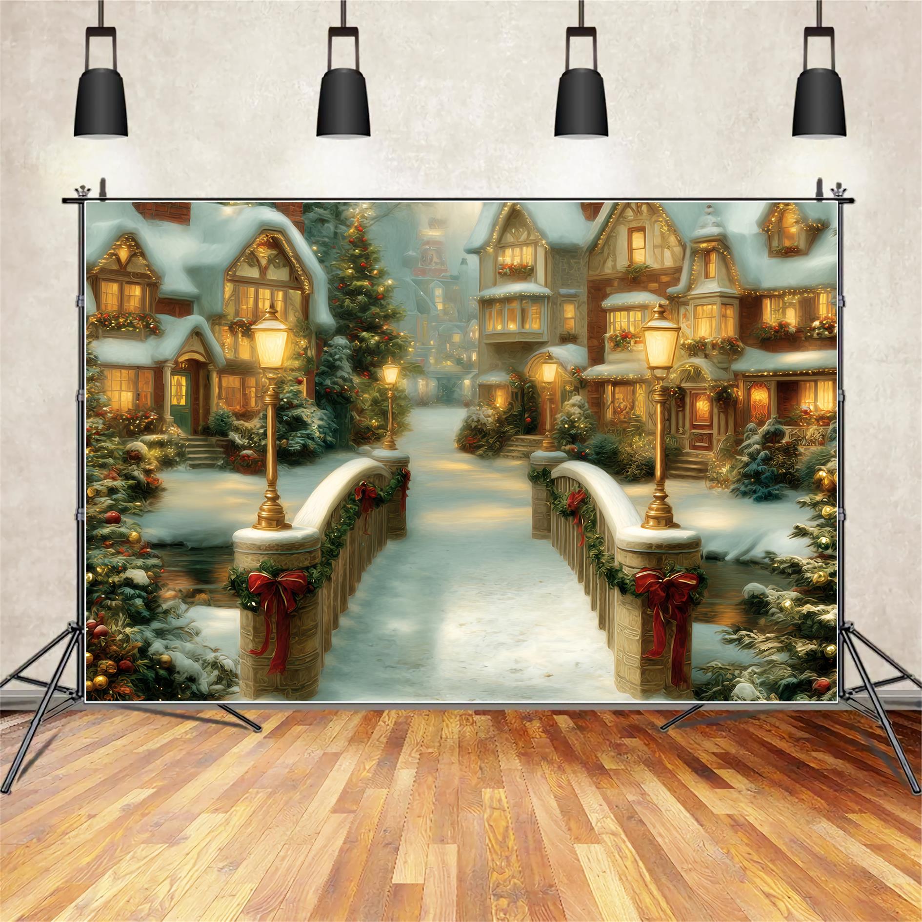 Christmas Village Backdrop Golden Bridge Holiday Houses Christmas Backdrop UK TWW59-99