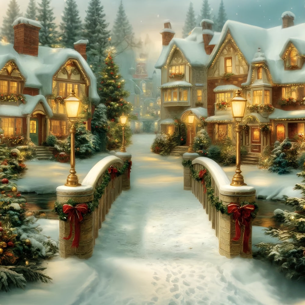 Christmas Village Backdrop Golden Bridge Holiday Houses Christmas Backdrop UK TWW59-99