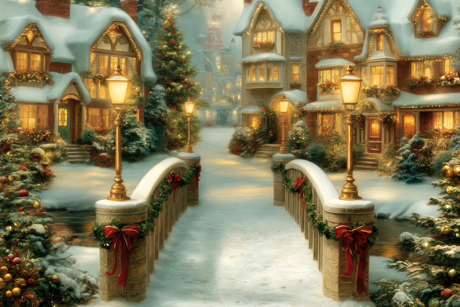 Christmas Village Backdrop Golden Bridge Holiday Houses Christmas Backdrop UK TWW59-99
